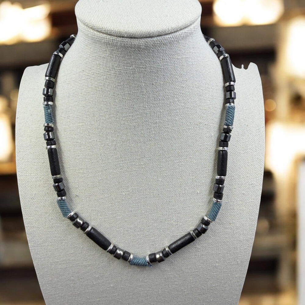 KillerBeads Mens Necklace Black Wood Bead Tribal Surfer Y2K Boho 17" Silver